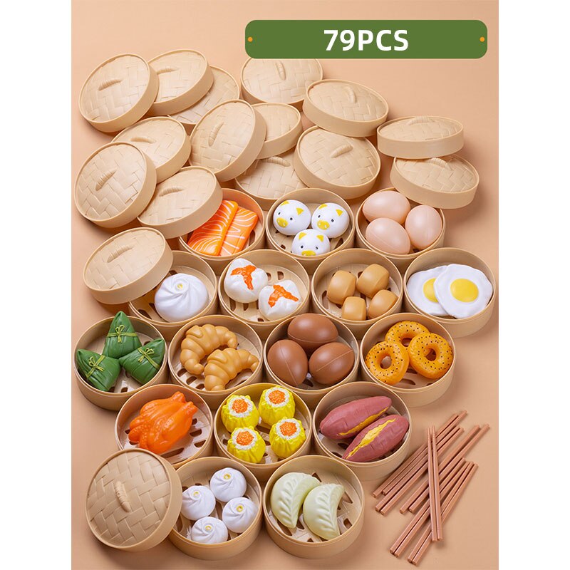 Simulation Plastic Foods Cookware Pot Pan Children Kitchen Toys Stickers Pretend Play Miniature Play Food For Girls Doll Food: 79pcs