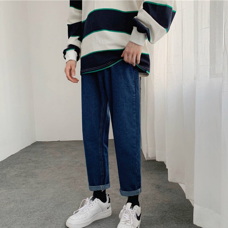 Mænd jeans solid all-match fritid streetwear ankellange lige bukser herre koreansk stil plus størrelse 3xl harajuku ulzzang