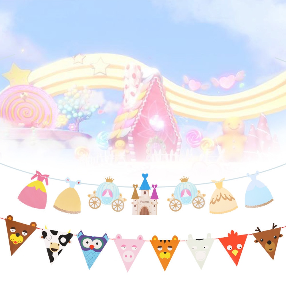 3M Animal Printed Triangle Flags Princess Castle Shape Banner Hanging Kids Birthday Bunting Pennant Garland String Party Decor
