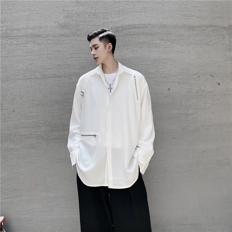 Plus størrelse langermet høstantrekk søm glidelås ringe bånd fast punk streetwear skjorte mørk bluse hofte hopp harajuku menn goth: Hvit / Xl