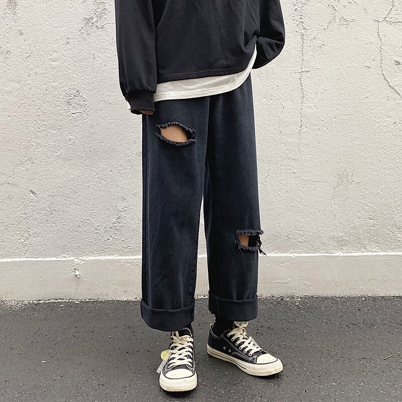 Pantalones vaqueros rectos rasgados para hombre, ropa de calle clásica, color negro, para las cuatro estaciones, S-5XL