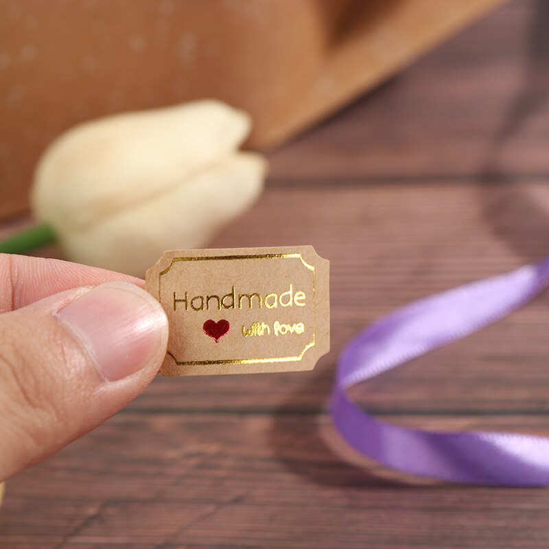 5 vellen = 100 stuks/partij bedankt en met liefde gemaakt, verklaring brief polygoon kraftpapier zelfklevende stickers verpakkingsetiket