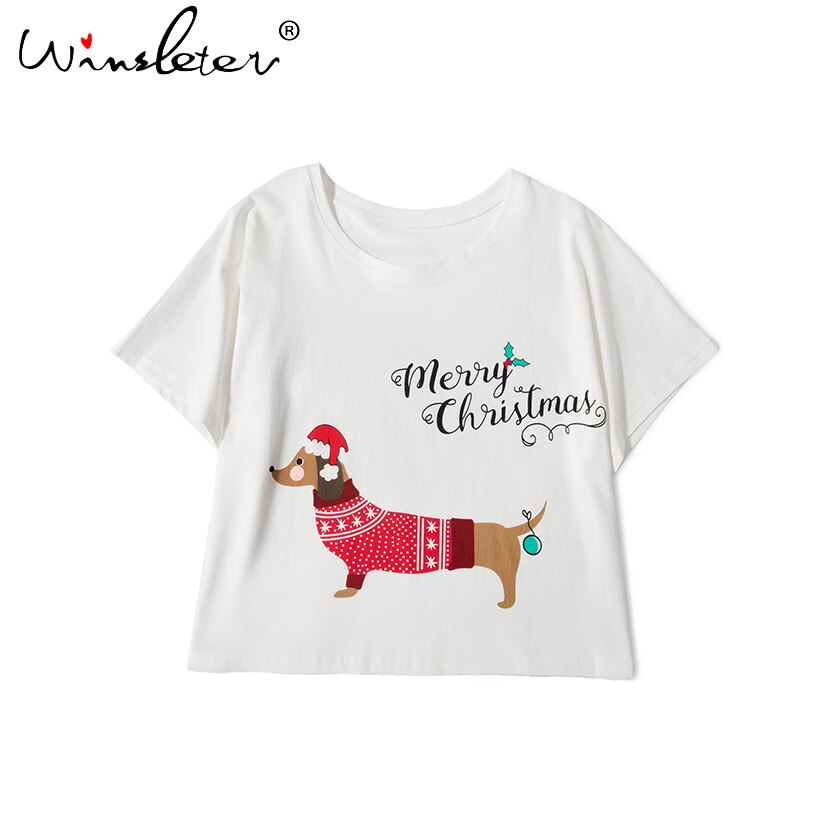 Sleep Top Christmas Dachshund With Santa Hat Dog Print Loose T shirt Women Crop Top Short Top Cotton Pajamas pyjamas T7N001