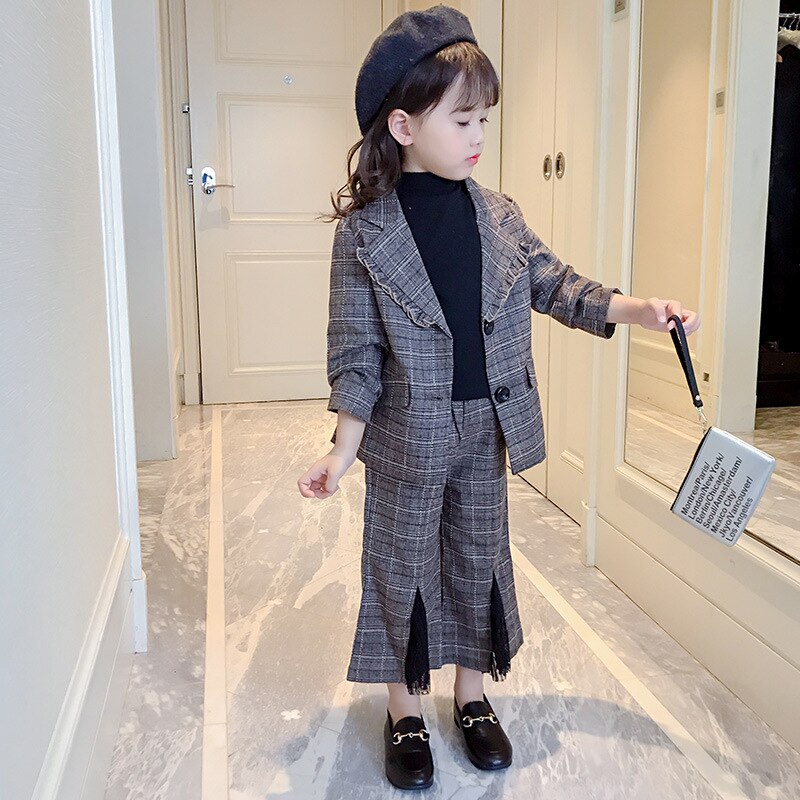 Teenage Girls Clothing Sets Spring School Jackets Pants Suits for Girls Clothes Striped Plaid Kids Costume 12 13 Y: Brown / 4