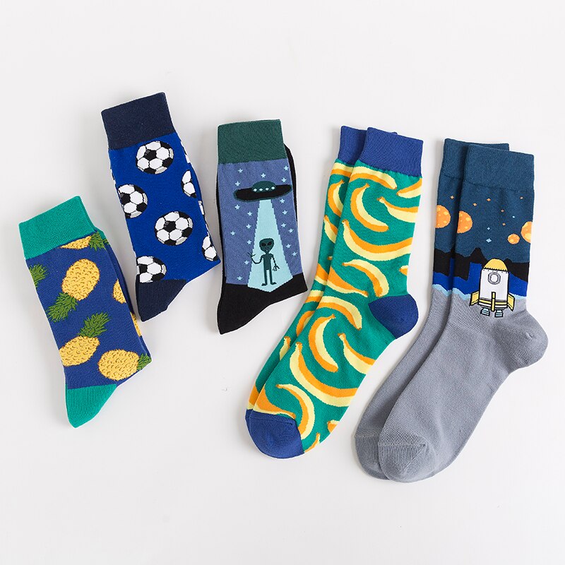 MODA MULAYA Happy Socks Women Men Pineapple Novel Rocket UFO Banana Football Cotton Funny Stock Wedding Christmas Outside