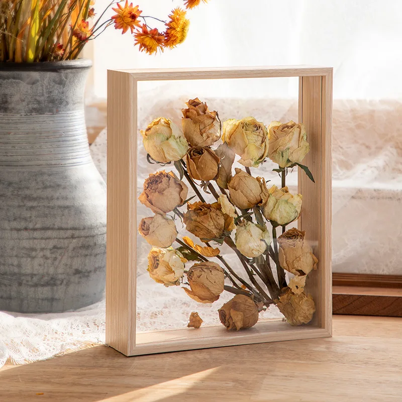 Caja de sombra transparente profunda para manualidades, caja de flores de exhibición de ramo, recuerdos de imagen 3D, mesa de madera