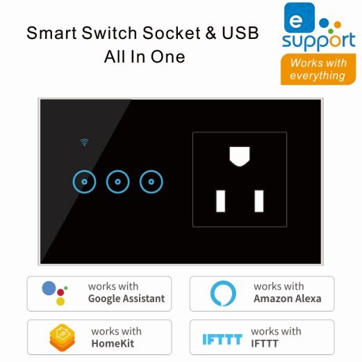 2 In 1 Wall Smart Switch Socket Tempered Glass Touching Button Wall Smart Light Controlling Panel Ewelink APP Controlling