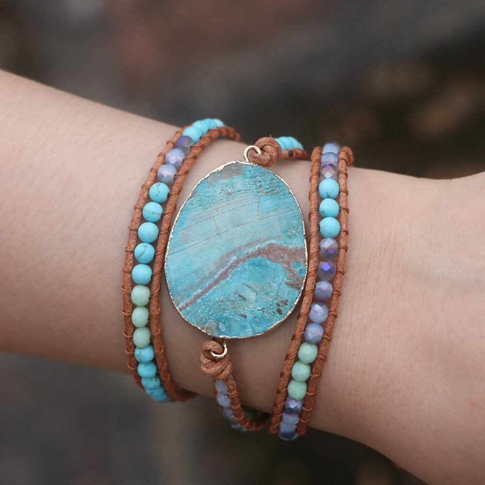 EDOTHALIA-pulsera de cuero con abalorios de piedra de mar para mujer y niña, brazalete de Amistad bohemio tejido a mano, Azul grande