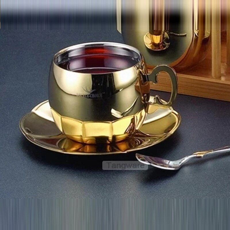 Taza de café de acero inoxidable 304 de doble capa, platillos, tazas de espresso doradas y plateadas, de taza de té, café, hogar