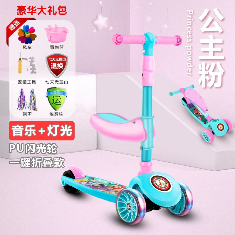 Phoenix Scooter Children 2-6-12 Years Kids Children Pedal Three-in-One Men and Women Baby Single Foot Pulley Foldable:  Cherry Blossom Powder with Seat  Small Wheel   Music Light   Gift Packs