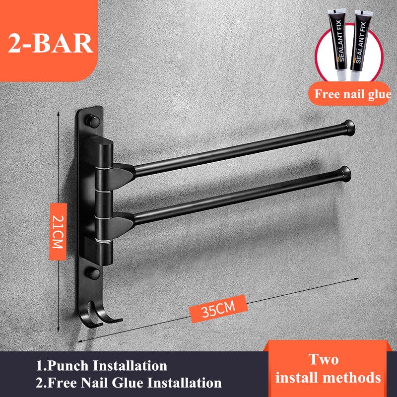 Aluminum Swing Out Towel Bar 2 3 4-Bar Self Adhesive Folding Arm Swivel Hanger Bathroom Storage Organizer Space Saving: 2 bar