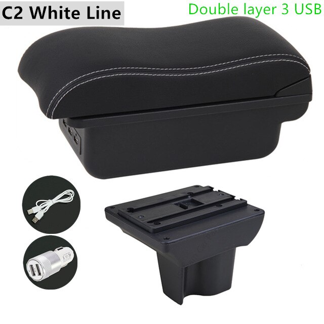 Auto Armleuning Box voor Toyota Rush - ABS Leer Opbergunit met USB & LED - Interieur Accessoire: C2 Witte Lijn