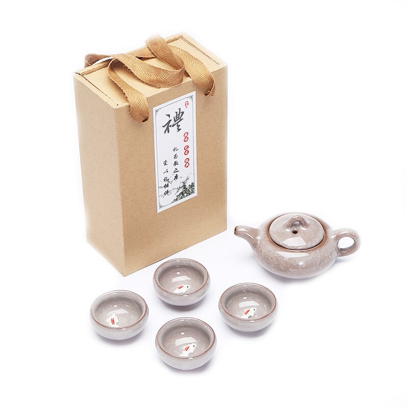 Carp Ice Crack Chinese Tea Travel Set Kung Fu Tea Set Ceramic Portable Teapot Porcelain Teaset Gaiwan Tea Cups Tea Tool: White 5Pcs Gift Box