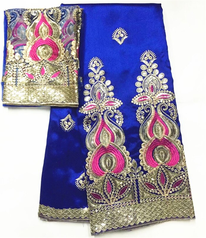 Nigerian George Lace Fabric raw silk George Fabric African royal blue sequin George Wrapper with net lace blouse