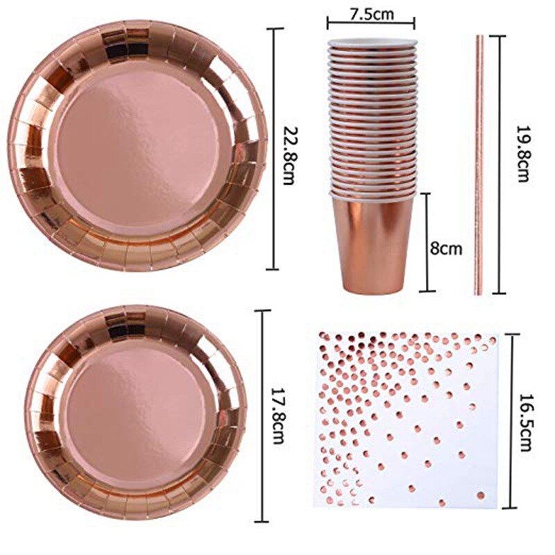 67 stuks hoogwaardige roségouden papierlade, papieren handdoek feestdecoratieset voor verjaardagsfeestjes