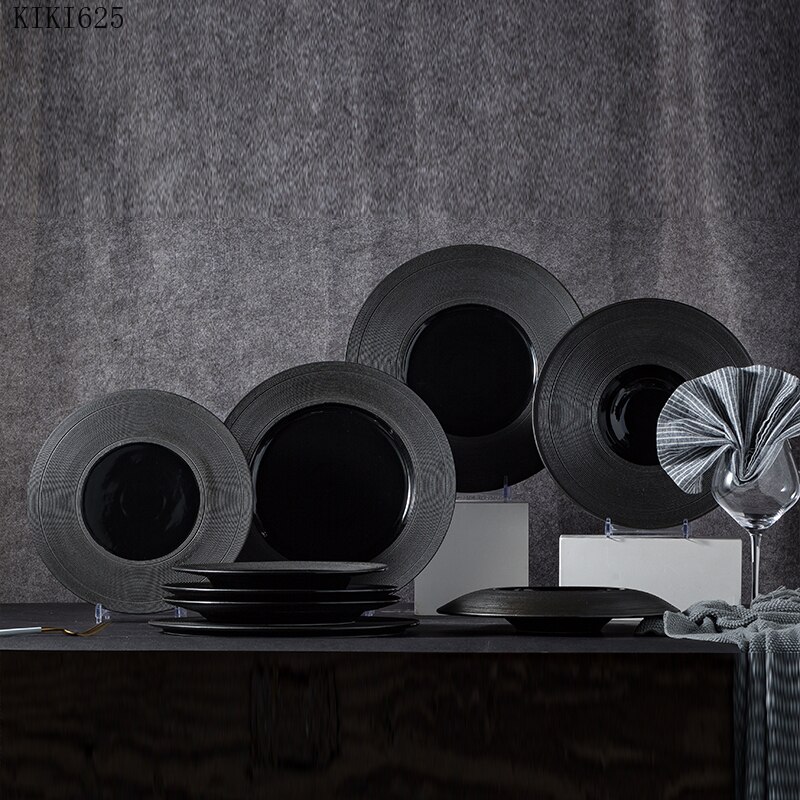 Linear Striped Ceramic Black Dinner Plate Hat Shaped Pasta Salad Plate Bowl Kitchen Cooking Dinner Food Plate Table Decoration