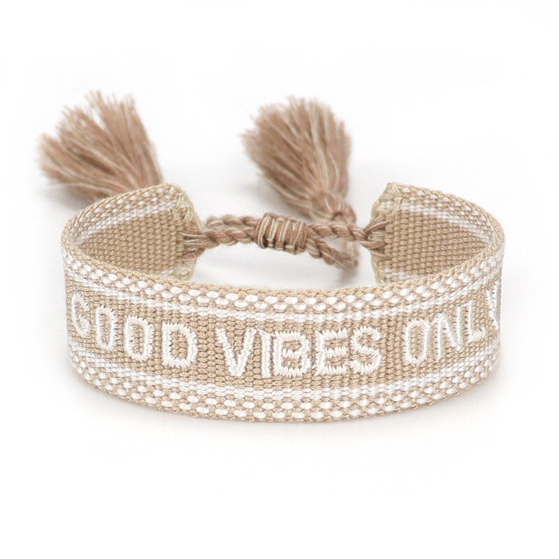 Hand Geborduurde Pols Band Kwastje Brief Vibes Gevlochten Armband Vrouwen Sieraden Goede: Khaki