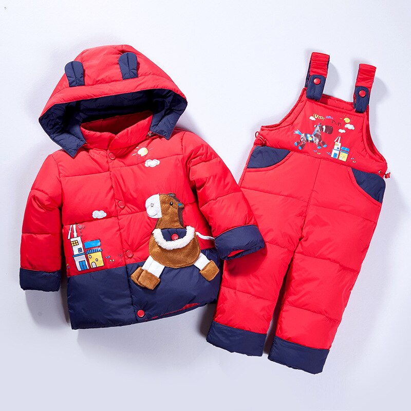 Manteau d'hiver duvet de canard pour enfants | Ensemble de vêtements pour enfants, veste à capuche, pantalon, ensemble combinaison, dessin animé poney, combinaison de neige TZ123