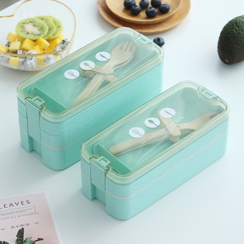 Wheat Straw 3 Layer Lunch Box Microwavable Heating Bento Box for School Children's Snack Fruit Salad Portable Food Containers