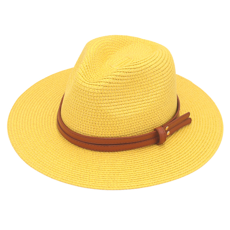 Chapeau d'été en paille pour femmes et hommes, à large bord, solide, Panama, pour la plage, décontracté, fait à la main, Protection UV: yellow