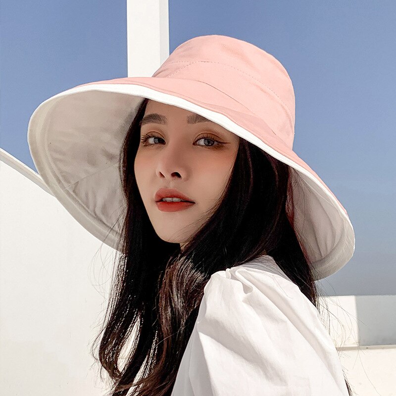 Women's Foldable Wide Brim Sun Hat Ladies Large Size Summer Beach Fisherman Cap Girls Casual Sun Protection Spring Hat: pink   beige