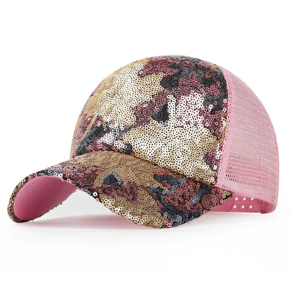 Damer skinnende baseball cap kvinder ahorn paillet afslappet mesh hat sommer kvindelig glitter snapback hat justerbar knogle: Lyserød