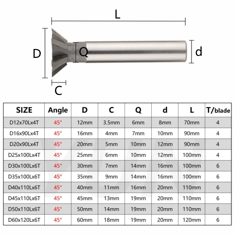 Dovetail Milling Cutter 45 Angle 60 Angle T-slot Milling Cutter Welding Insert Tungsten Carbide Tools CNC Machine Tool 12-60mm