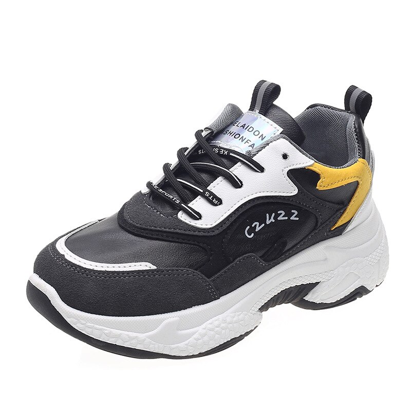 Chunky Sneakers PU Leathable Vrouwen Dikke Zool Vrouwelijke Schoenen Vrouw sport lace-up ronde neus comfortabele schoenen z14-71: Black / 10