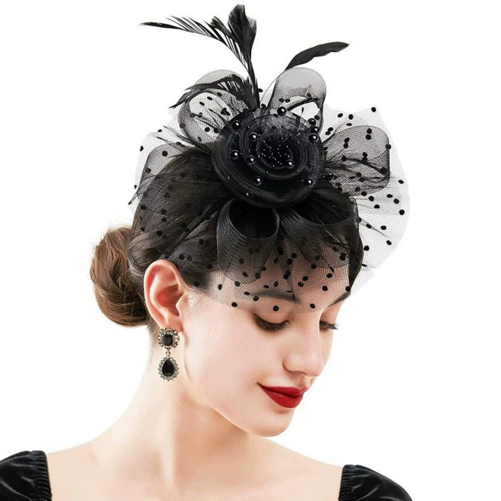 Vintage bruid hoofdtooi, veren haaraccessoire, hoofdband met parelbloemen, mesh hoofdband, veelzijdige jurk, qipao accessoires: GRIJS
