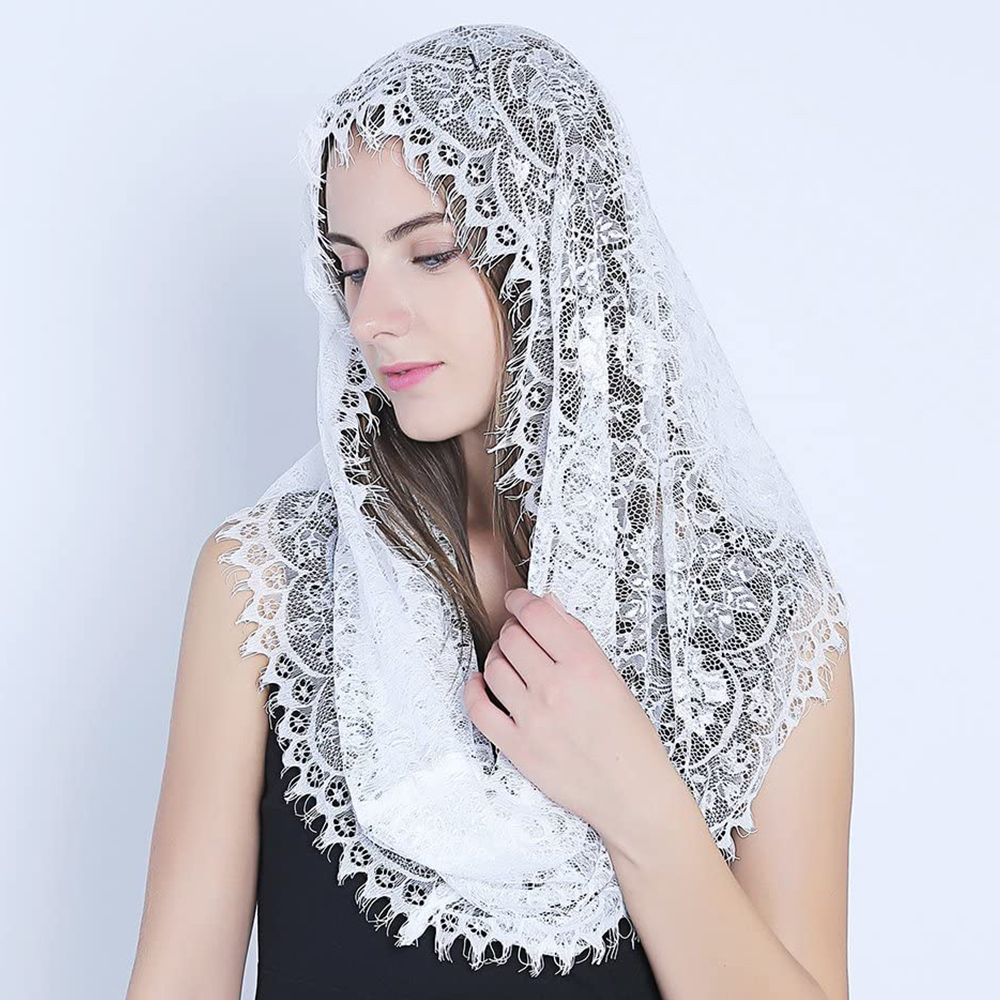Foulard infini en dentelle pour femmes, style catholique, voile d&#39;église, couverture de tête, Latin messe, châle de mariée, noir