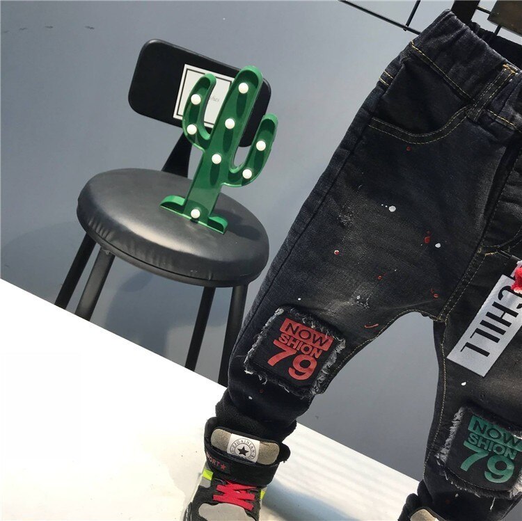 Barn jeans tryck plus sammet varma jeans för pojke patchwork målade byxor höst vinter tjocka jeans baby boy byxor
