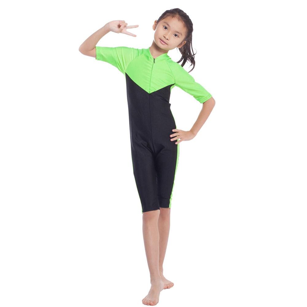 Piger badetøj islamisk børnetøj badetøj strandtøj muslimsk et stykke halv ærme shorts badedragt: Grøn / Xl