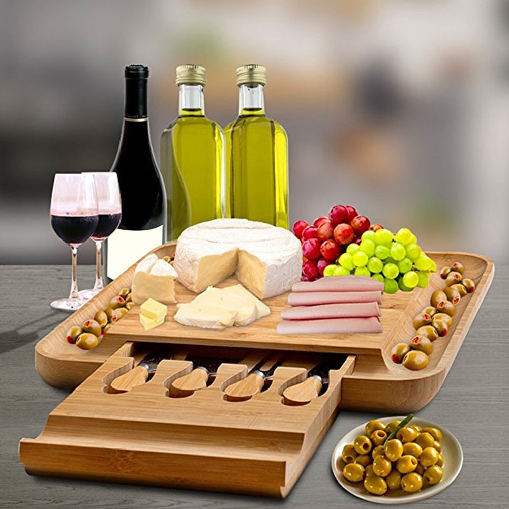 Bamboo Cheese Board with Cutlery Wood Charcuterie Platter Serving Meat Board with Slide-Out Drawer with 4 knife