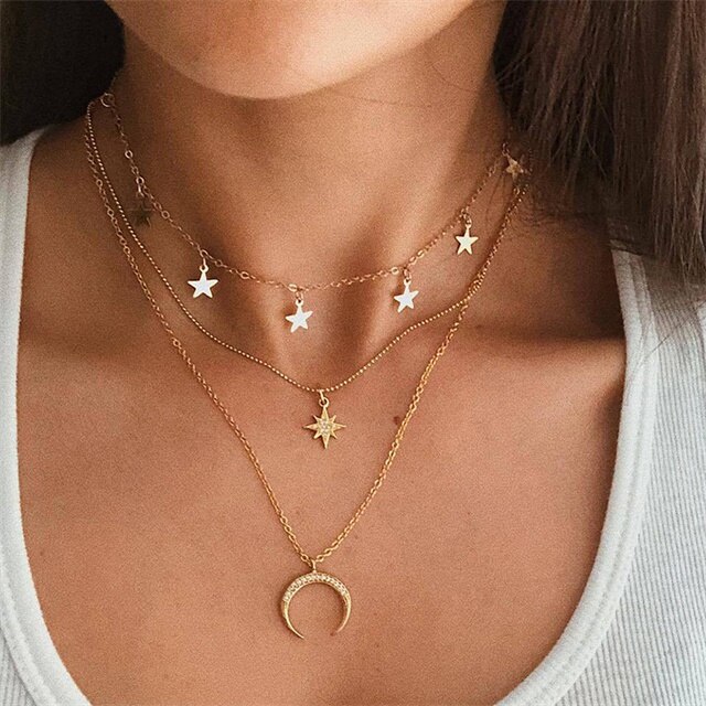 FNIO Boho Multi-layer Crystal Pendant Necklace Women Gold Necklace Vintage Multi-element Choker Necklace Jewelry: LNI00889