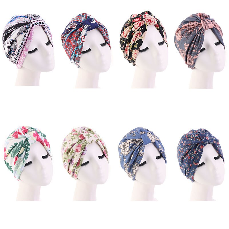Elastische katoenen tulband hoed bloemenprint dames warme hoofddoek muts binnen hijabs muts moslim hijab vrouwelijke wikkel hoofd