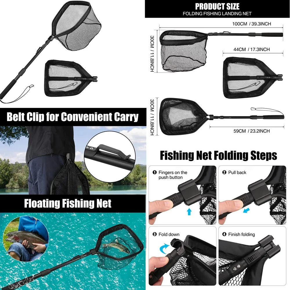 Fishing Net Fish Landing Net Collapsible Fish Net with Anti-Slip Telescoping Pole Handle for Kids Adults in Saltwater Freshwater
