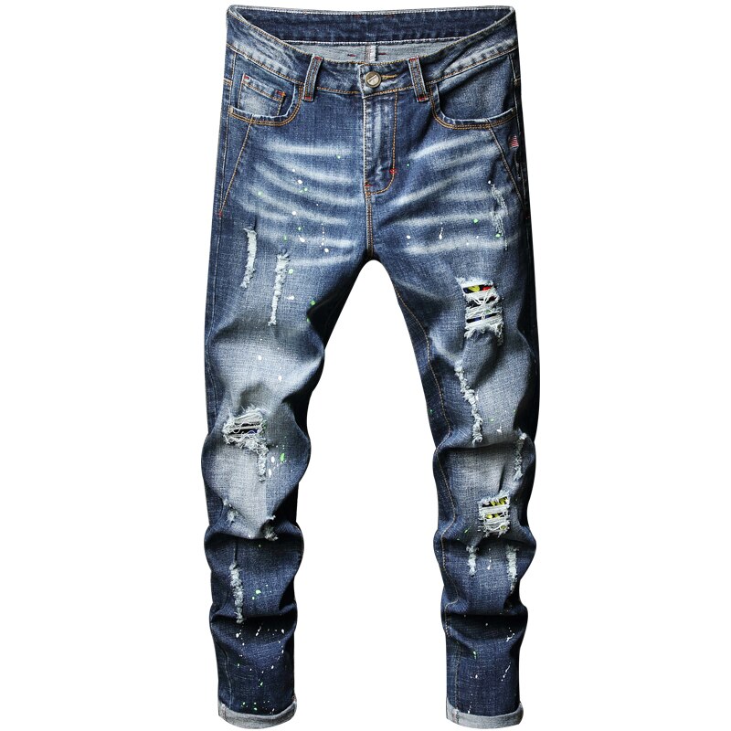 , men's jeans, men's ripped jeans, stretch jeans, straight pants, wash jeans, trends, European and American, casual