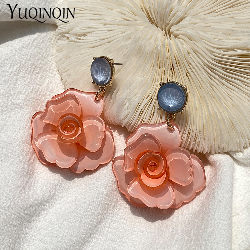 Vintage coréen acrylique Rose fleur boucles d'oreilles pour femmes acétate résine longues boucles d'oreilles pour filles bijoux Brincos