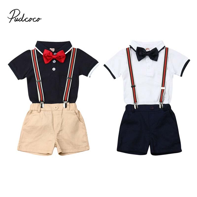 Brand Baby Boy Toddler Kids Gentleman Clothes Bowtie Short Sleeve Shirt+Shorts Bib Pants Outfit Toddler Formal Clothing Boy