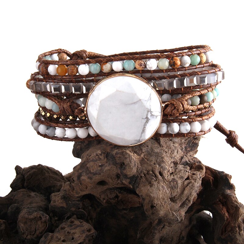 RH Handma Bohemian Jewelry Boho Armbander Natural Stones Big Charm 5 Strands Wrap Bracelets: white