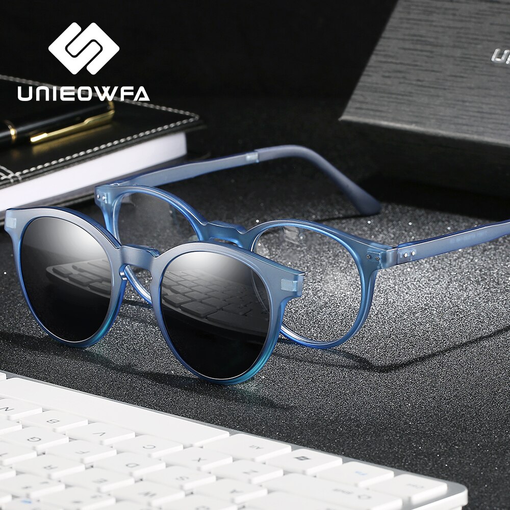 Polarized Magnet Clip On Glasses Frame Women Round Retro Prescription Frame Eyeglasses Men Optical Myopia Frame Blue Sunglasses