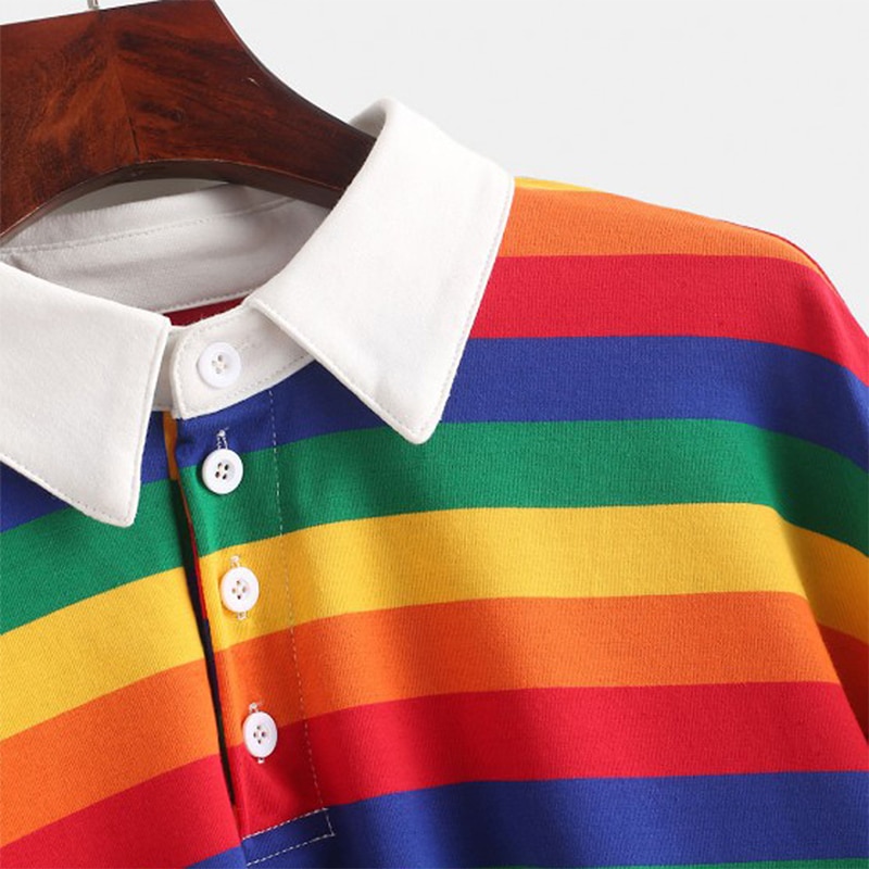 Qrwr polo shirt dame sweatshirt langærmet regnbue farve dame hættetrøjer med knap stribet sweatshirt i koreansk stil kvinder