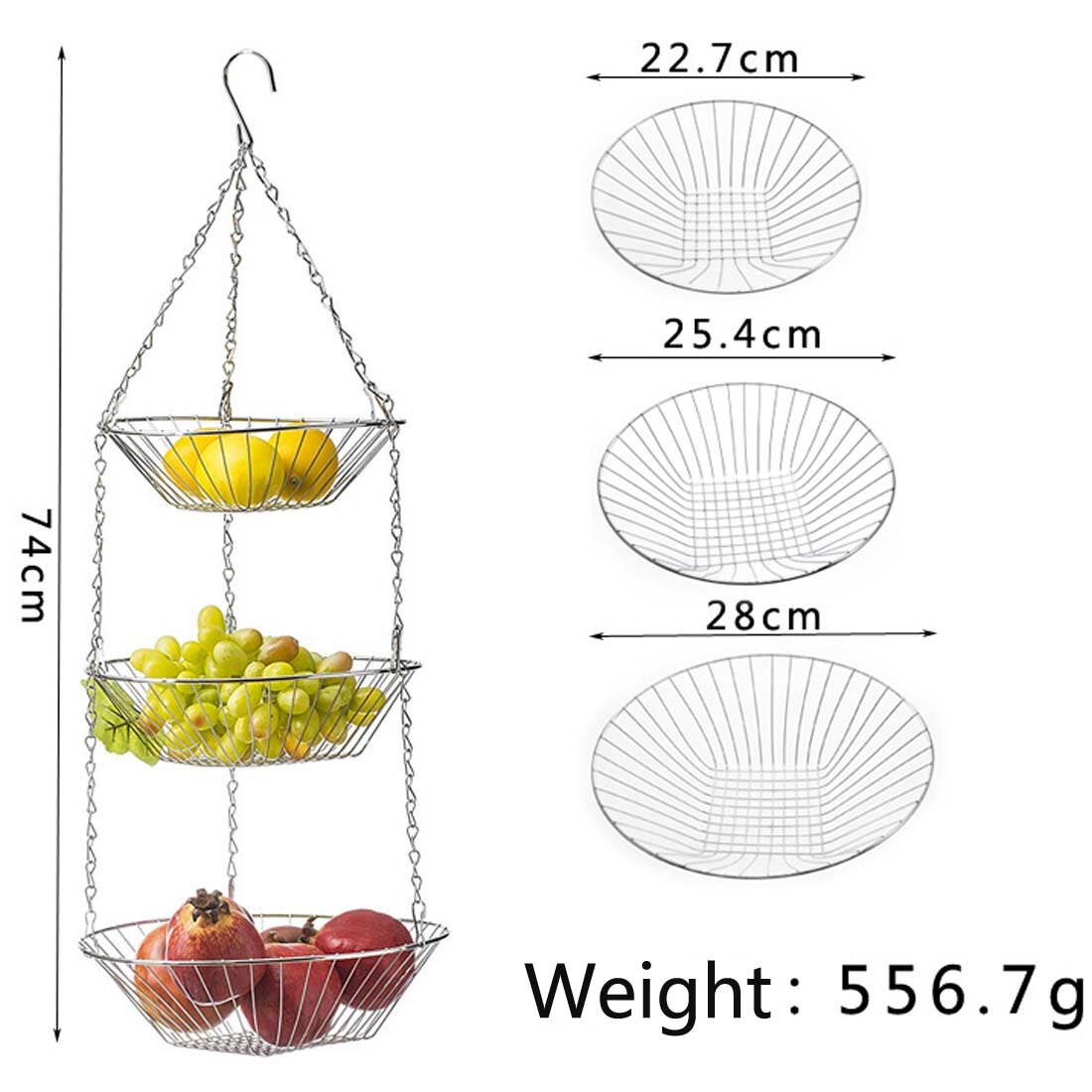 3 Tiers Wire Chain Hanging Basket Fruit Plant Food Organizer Kitchen Storage Wrought Iron Fruit Hanging Basket