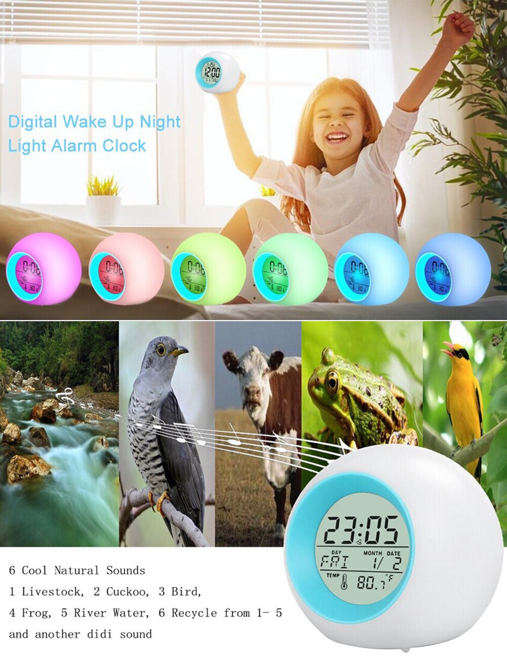 Reloj Despertador LED 7 cambio de color luz nocturna relojes brillantes Luz de termómetro Digital Reloj para niños Mesa Despertador de escritorio