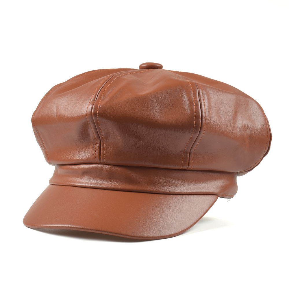 Hoaree rød newsboy cap pu skinn solid åttekantet cap høst vinter vintage damer flat cap hun beret lue