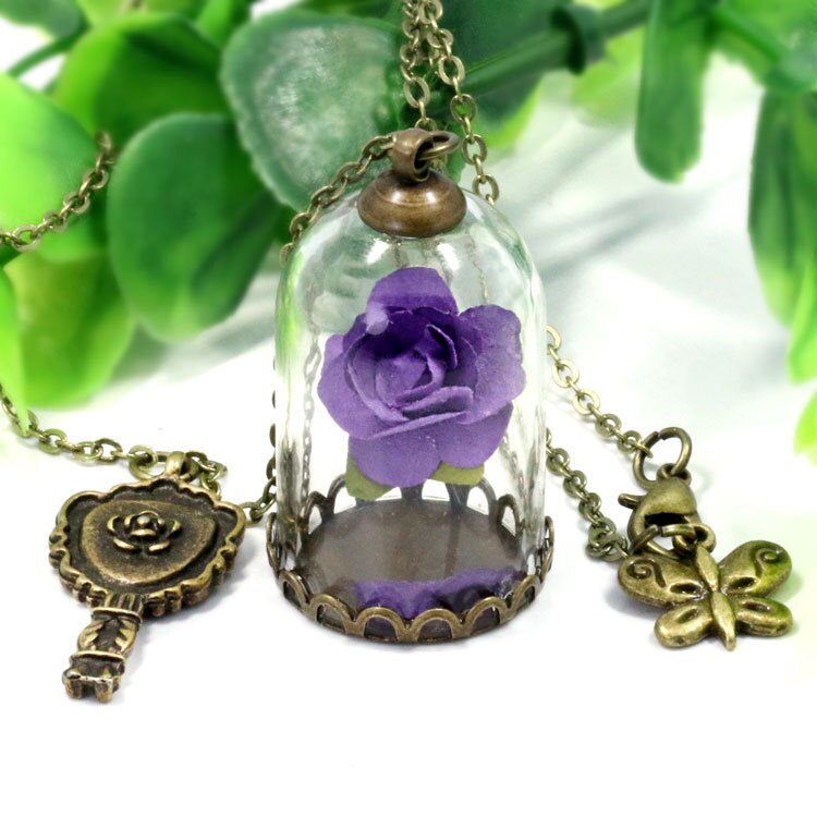 Schoonheid en Het Beest Retro Glazen Flacon Ketting Vlinder Wens Accessoires Ketting Rode Rose Gedroogde Bloem Sieraden voor Vrouwen Meisjes: 16