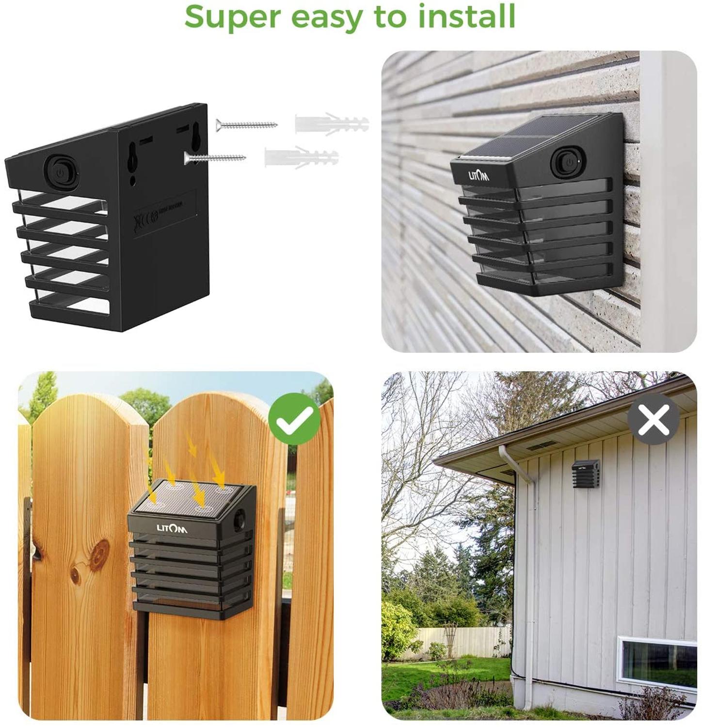 LITOM 4 PCS 2 Modes Solar LED Light Outdoor IP65 Waterproof Warm White Fence Light For Garden courtyard house decoration light