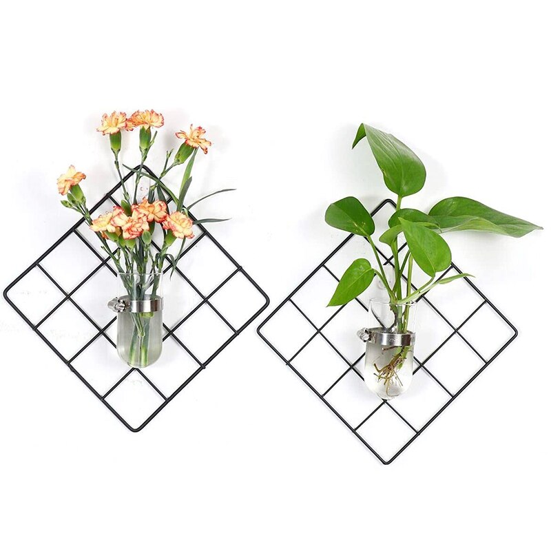 2 panneaux de grille murale en fil laqué, avec verre de plante mural suspendu Pot de fleur support de plante à Air