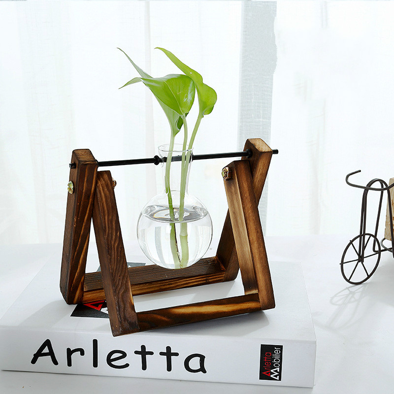Terrarium hydrocultuur plant transparante vaas houten frame vaas decoratie glazen tafelplant bonsai decoratie bloemenvaas: Een
