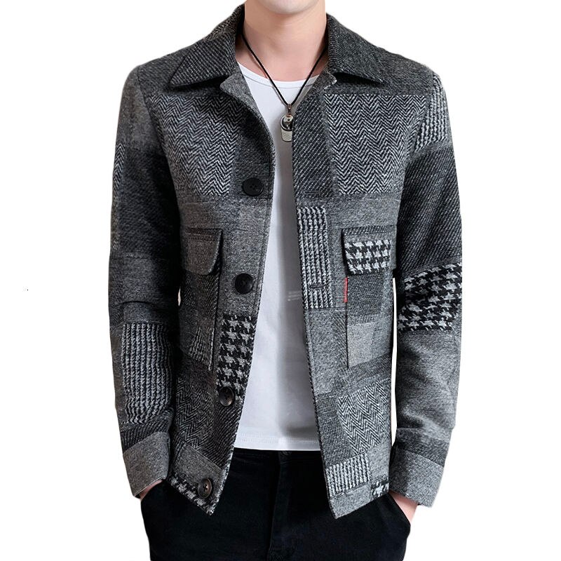 Varma långärmad rutig herrfickor kappa jacka koreansk casual herrjacka slim fit jacka
